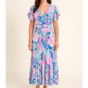 Lilly Pulitzer Jessi Peony For Your Thoughts pink blue green maxi dress, XL.